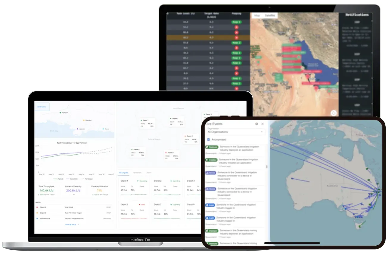 Doover dashboards on a laptop, tablet and phone: site maps, trends and device lists